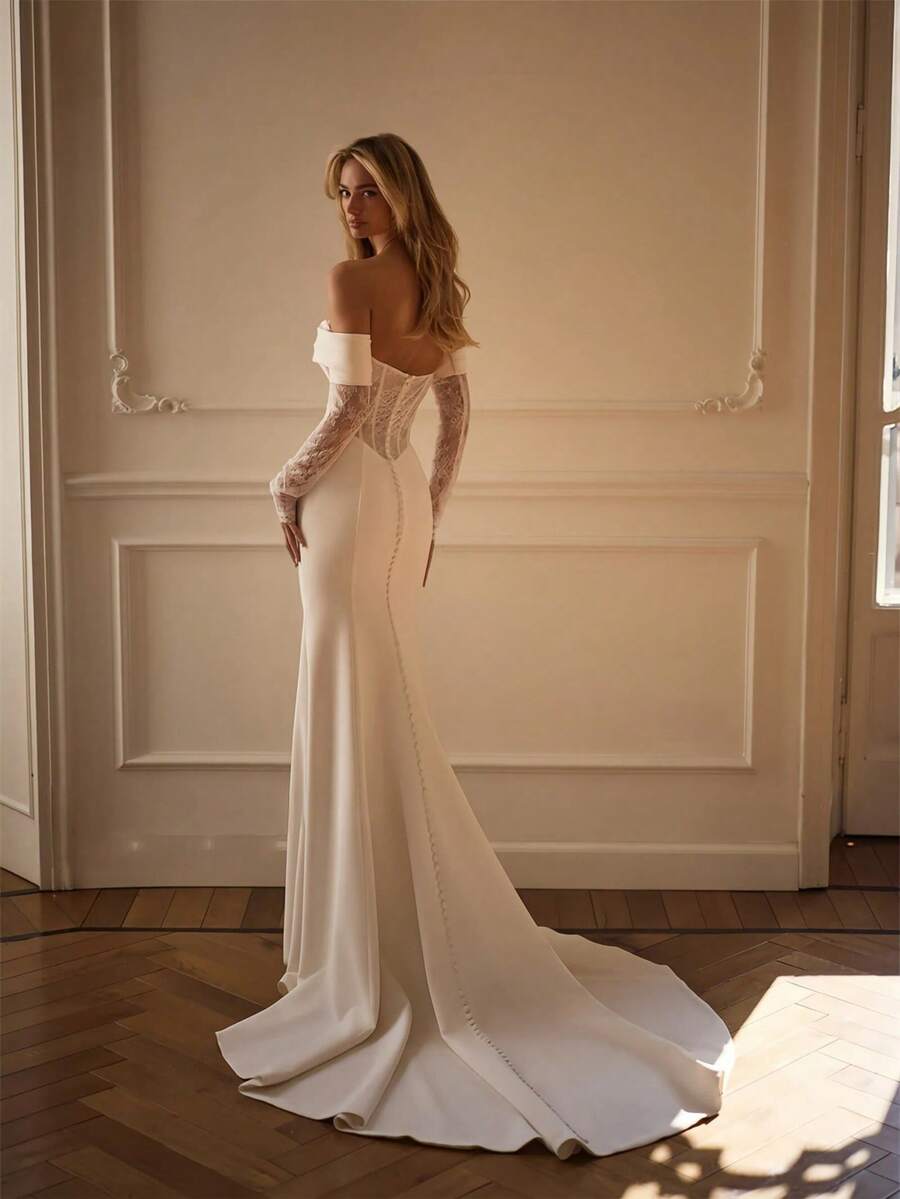 Elegant Sexy Off Shoulder Lace Long Sleeves Mermaid Satin Formal Wedding Dress,Registry Office Dresses Bridal Gown,Evening Party Dress Birthday Party Dress Country Wedding,Romantic Church Ceremony Wedding Dress,Suitable For Wedding,Dating,Party,Singles' Party,Vacation,Formal Occasions,Dinner Dress,Prom Dress,Homecoming Dess,Cocktail Party,Wedding Guest Dress,Graduation - 白色 - 查看 1
