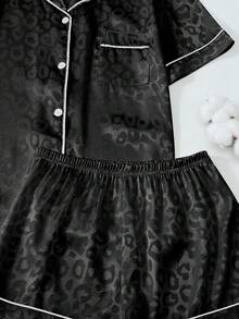 2 piezas Conjunto de pijama de mujer con estampado de leopardo, camisa de manga corta con botones y pantalones cortos - Negro - Ver 8
