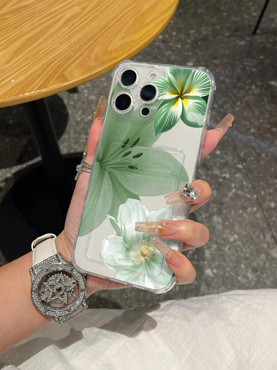 1pc Green Lily Pattern Transparent Anti-Drop TPU Phone Case, Can Be Used As Holiday Gift, Suitable For IPhone XS/XS Max/XR/11 12 13 14 15 16 Pro/17/Pro Max/14 15 16 Plus, Card Holder - Clear - View 1