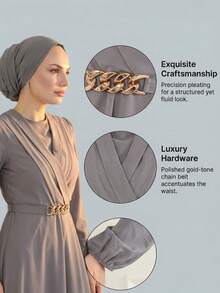 Women's Elegant Long Sleeve Round Neck Bishop Sleeve Arabic Style Dress With Wrap Detail And Zipper Spring - Grey - View 4