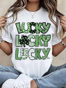 Lucky Lucky Lucky St Patrick's Day T Shirt Green Shamrock Print Casual Women's Top Festive Holiday Wear Comfortable Cotton Tee For Saint Patrick's Day Celebration - 白色 - 查看 1