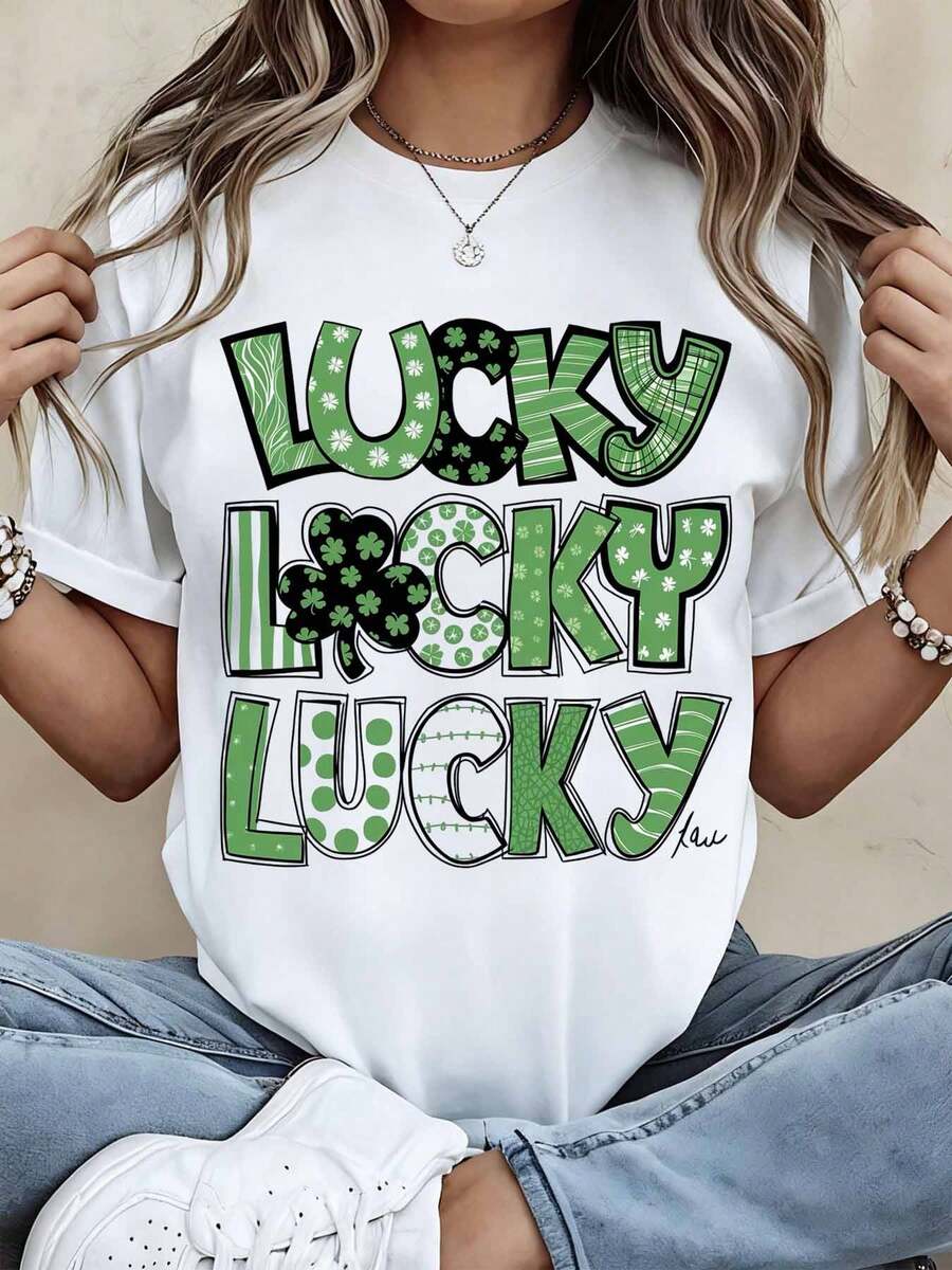 Lucky Lucky Lucky St Patrick's Day T Shirt Green Shamrock Print Casual Women's Top Festive Holiday Wear Comfortable Cotton Tee For Saint Patrick's Day Celebration - 白色 - 查看 1