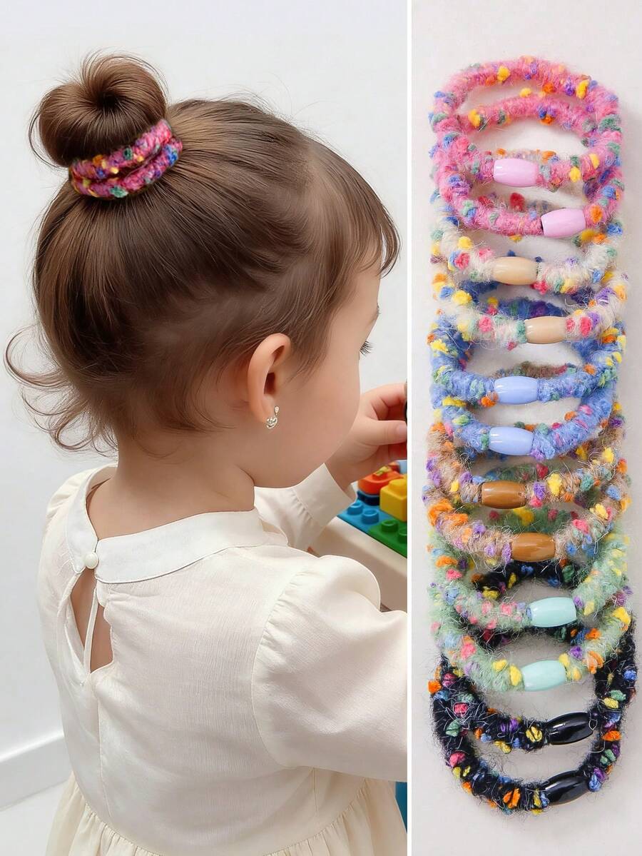10 piezas Lazos elásticos para el cabello con estampado de lunares de colores caramelo, Scrunchies suaves y esponjosos, Accesorios para el cabello duraderos para niñas, Adecuados para uso diario en otoño/invierno - Multicolor - Ver 1