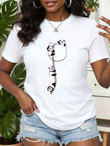 Women T Shirt Panda Print Pocket Design Round Neck Casual Summer Top Gift Idea 220g - White - View 1