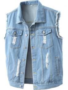 2026 New Spring/Autumn Men's Denim Vest, Fashion Distressed Lapel Casual Denim Waistcoat, Light Blue Denim Top, Street Style - Baby Blue - View 1