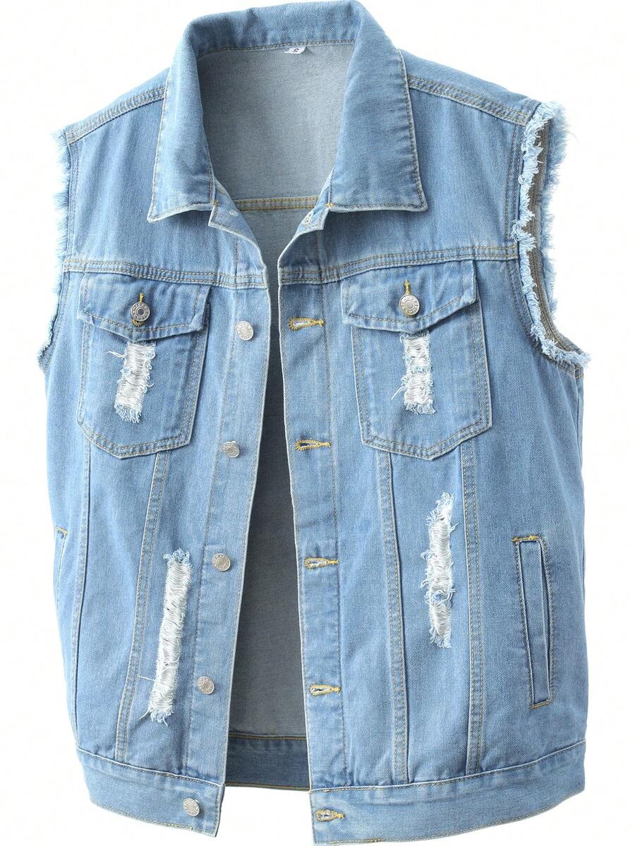 2026 New Spring/Autumn Men's Denim Vest, Fashion Distressed Lapel Casual Denim Waistcoat, Light Blue Denim Top, Street Style - Baby Blue - View 1