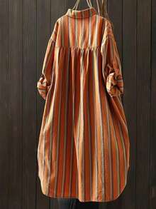 女士长款条纹衬衫，袖口带纽扣，适合外出、日常穿着、街头风格，四季皆宜，春季百搭 - 橘色 - 查看 2