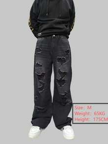 1 Quần Jeans Nam Cổ Điển Rách Rách Viền Tơ, Quần Jeans Ống Rộng Phong Cách Mỹ, Phong Cách Đường Phố Hip Hop, Phong Cách Grunge - màu đen - Xem 9