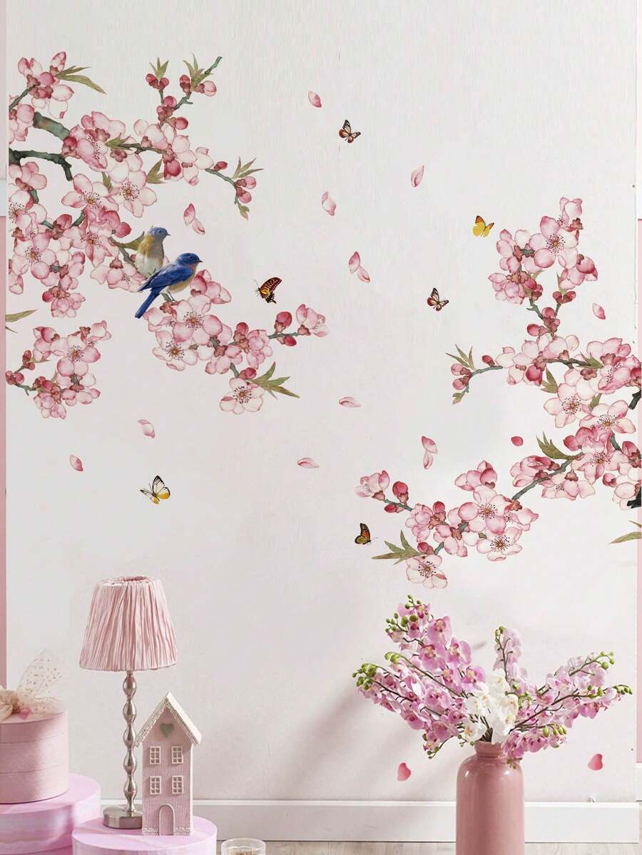 1 pieza Adhesivo de pared con rama de árbol de flor de durazno rosa y pájaro de fondo, pegatina de pared extraíble para decoración de dormitorio y sala de estar - 1PC - Ver 1