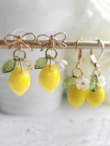 1 Pair Sweet Fresh Lemon, Flower & Leaf Decor Earrings - Multicolor - View 1