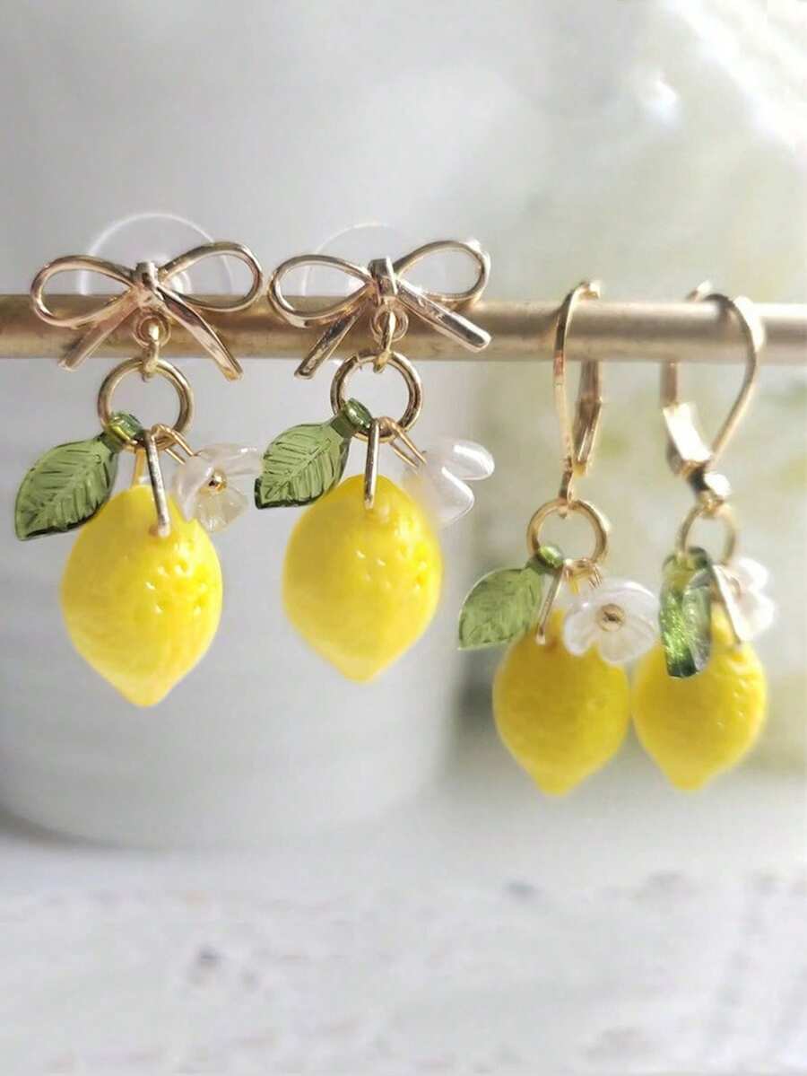 1 Pair Sweet Fresh Lemon, Flower & Leaf Decor Earrings - Multicolor - View 1