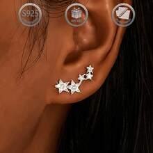 1 Pair Stylish 925 Silver Pentagram Stud Earrings For Women, Suitable For Daily, Party, Holiday, Date, Gift - Gold - View 6