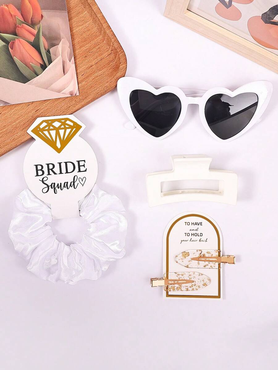 4件套伴娘礼品套装，包含伴娘发夹、发圈、眼镜、缎面柔软发饰、伴娘婚礼回礼、爪夹 - 彩色 - 查看 1