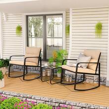 3 Piece Rocking Bistro Set, Black Steel Patio Furniture, Porch Chairs Conversation Set With Glass Coffee Table, Back Cushion, For Balcony, Garden, Deck, Backyard, Beige - 米色 - 查看 11