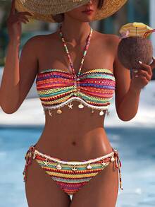 豹纹印花可调节比基尼两件套，女士挂脖泳衣沙滩度假泳装夏季 - 棕色 - 查看 1