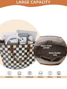 Plus Size Women Checkered PVC Tote Bag, Waterproof Shoulder Bag With Adjustable Strap, Suitable For Commuting - Black and White - View 4