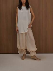 Women Baggy Balloon Long Pants Y2K Bubble Pleated Oversized Bloomers Elastic High Waist Wide Leg Lantern Harem Pants For Summer - Màu be - Xem 8