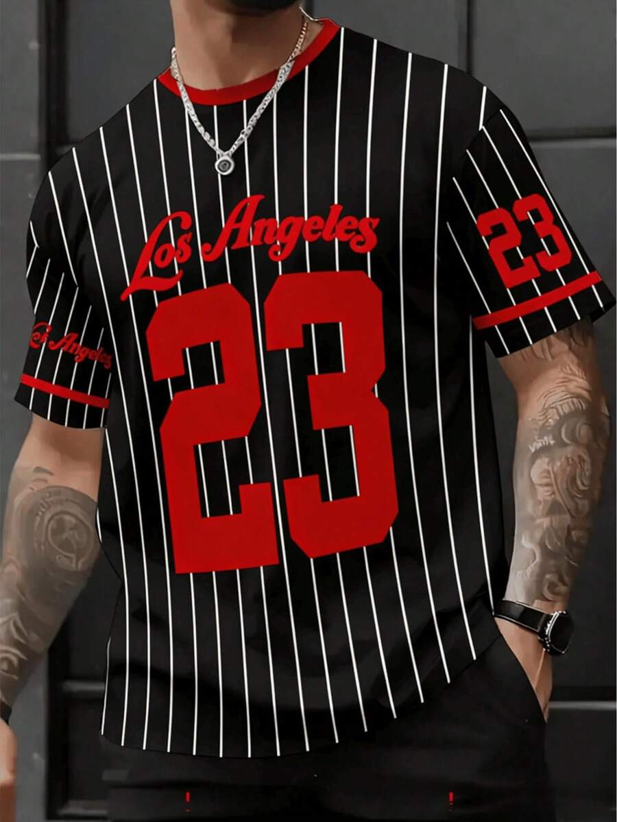 KOVSEE Camiseta masculina listrada de beisebol número 23 Los Angeles, manga curta, ideal para esportes ao ar livre, uso casual, corrida, basquete e futebol. Respirável e de secagem rápida. Perfeita para treinos e exercícios. Presente ideal para namorado. Preta, perfeita para o verão. - Preto - Ver 1