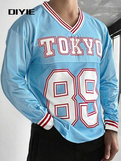 DIYIE 男士学院风长袖T恤 秋冬运动长袖T恤 V领长袖T恤 适合球类运动 网眼拼接数码印花长袖T恤