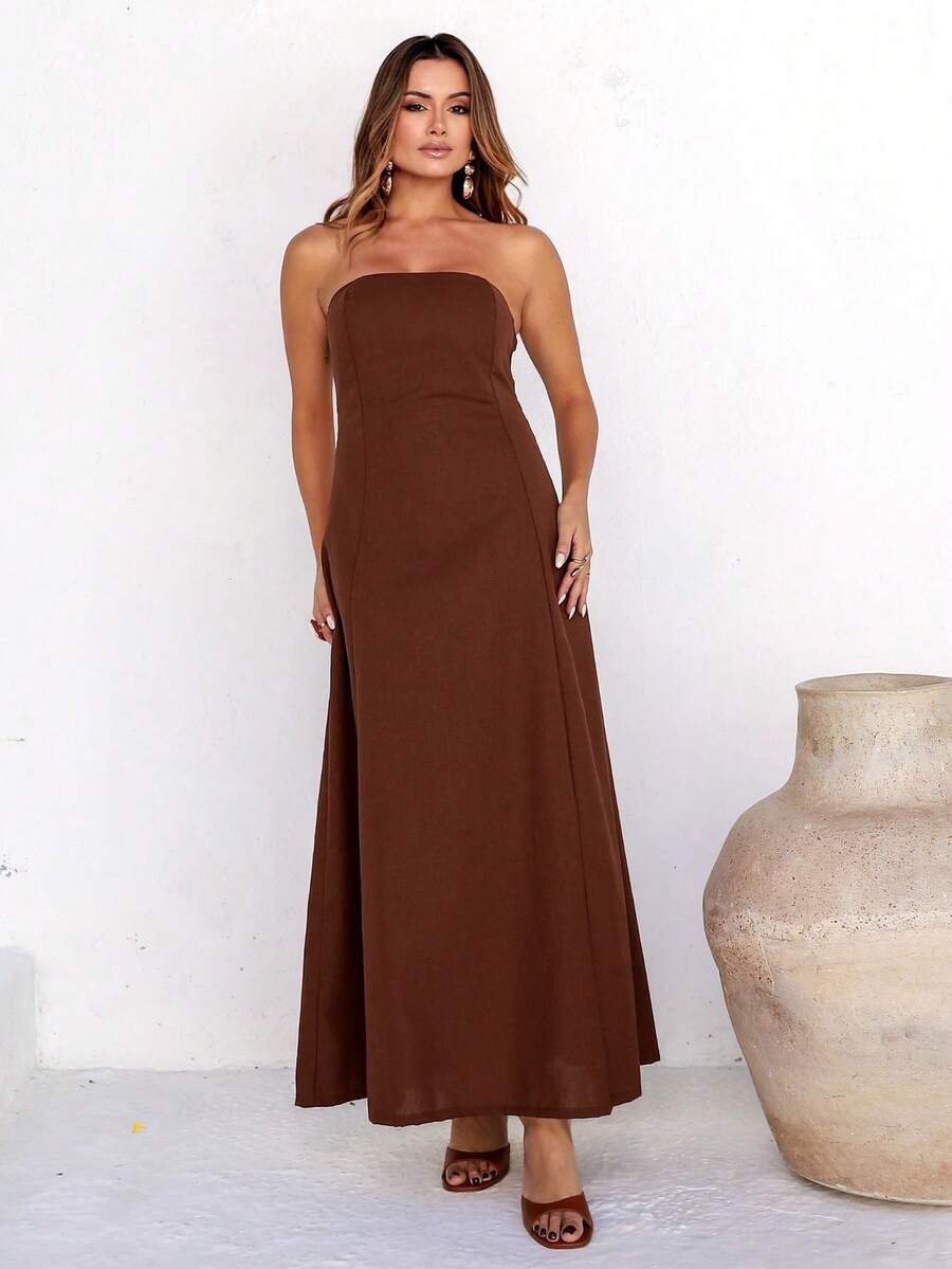 Elegant Strapless Long Linen Dress For Weddings, Offices, Holidays, Formal And Evening Events. - 鏽棕色 - 查看 1