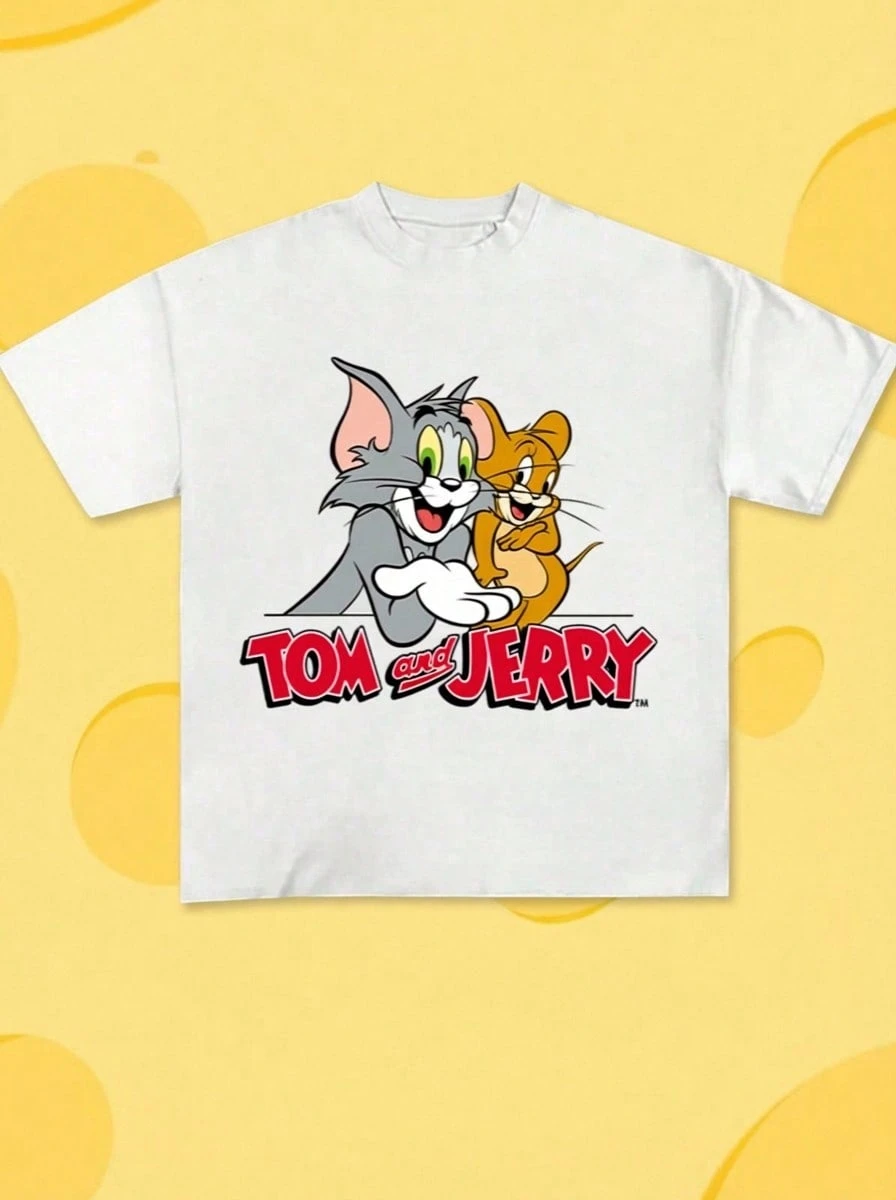 Whysmera SHEIN X Tom & Jerry Women's Summer New Laughing Face Graphic Tee, Suitable For Casual Wear, School, Weekend Outings, Dates In Spring/Summer. A Versatile Casual Essential Top, Also Great For Vacation Wear. - White - View 1