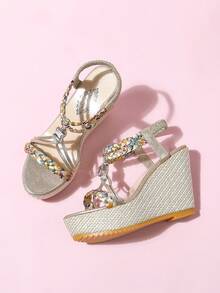 Women's Elegant Summer Platform Wedge Sandals With Beach Crystal Buckle, Suitable For Party - Gold - View 1