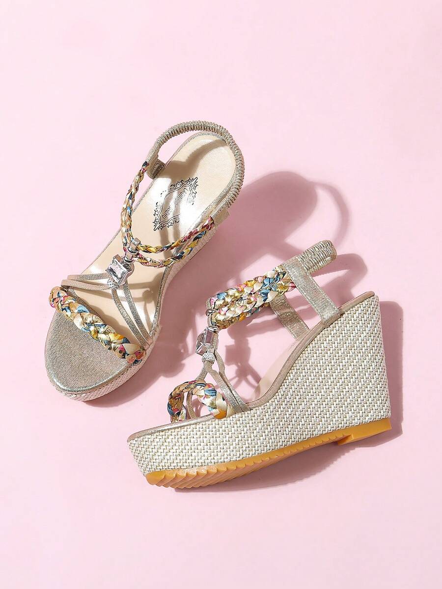 Women's Elegant Summer Platform Wedge Sandals With Beach Crystal Buckle, Suitable For Party - Gold - View 1