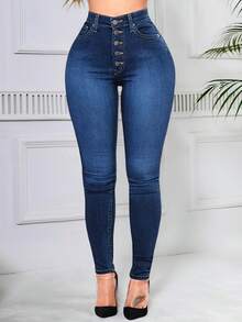 Jeans Dama Pantalones Mujer Mezclilla Stretch Con Tiro Alto,Jeans,Jeans para mujer, Pantalones de mezclilla - Azul oscuro 1 - Ver 2