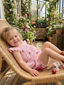 Conjunto de 2 Piezas para Niña Pequeña, Top con Cuello Cuadrado, Mangas Volantes y Estampado de Cerezas + Shorts - Rosa - Ver 2