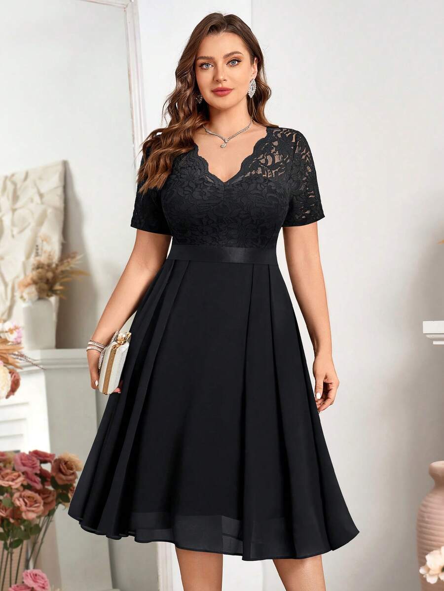 Đầm xòe chữ A bằng chiffon in ren, cổ chữ V, cỡ lớn, thích hợp cho Ngày Valentine, mùa hè, sinh nhật, lễ tốt nghiệp, tựu trường, màu đen thanh lịch.