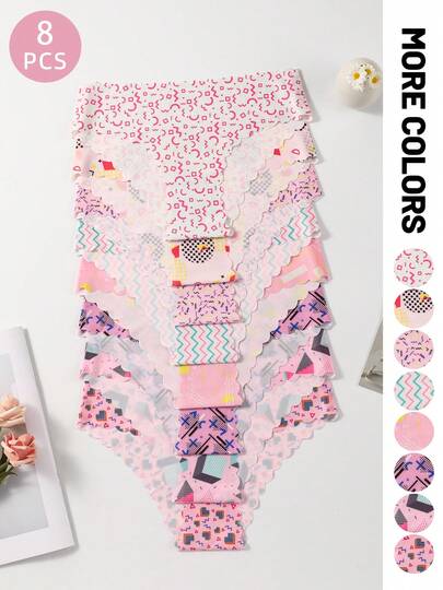 8pcs/Pack Soft Cloud-Like Fabric Panties With Retro Memphis Print & Ruffle Trim, Skin-Friendly Breathable Seamless Triangle Briefs, Essential For Sweet Girl Daily Wear