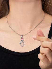 Unisex Fashionable Stainless Steel Korean Style Heart Gesture Pendant Necklace - Silver - View 4