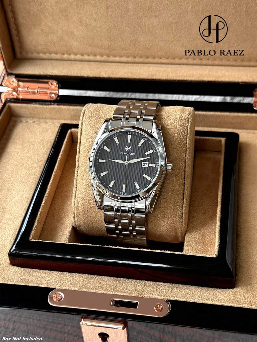 Pablo Raez 1pc Large Men's Watch High Quality AAA Popular Original Charming Classic Stainless Steel Men's Watch Silver Jewelry Top New Luxury Solid Steel Heavy Bracelet Chain 50M Waterproof Real Nail Scale With Calendar Display Clock Men's Fashion Quartz Watch Arabic Numerals Black High-End Business Watch Teacher Gift Time Father Or Male Friend Birthday Graduation Wedding Gift