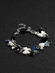 1pc Punk Style Dice, Star, Black Ball Charm Bracelet, Multi-Element Bow, Heart, Moon, Water Drop, Flower Handmade Beaded Bracelet For Women - Silver - View 3