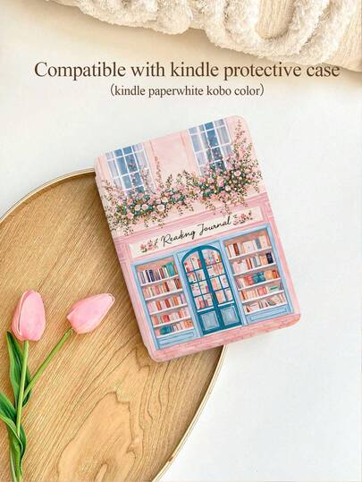 1pc Pink Sakura Bookstore Design Protective Cover, Suitable For Kindle 10th, Kobo Colour, Kindle 11th, Kindle Paperwhite 5, E-Book Protective Case With Auto Wake/Sleep Function, Lightweight And Convenient, Perfectly Fit To Protect Your Reading Device, Romantic Gift