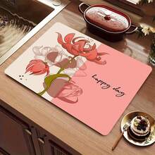 1件装“快乐日”字母花卉图案台面垫，适用于洗衣机和烘干机的排水垫，硅胶材质，洗衣机防尘罩，厨房配件，防滑，适用于洗衣房、浴室、家居装饰和房间装饰 - 彩色 - 查看 4