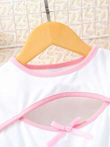 Vestido de princesa estilo palacio francés de verano para niñas, con mangas cortas de pétalos, cuello redondo, calado, vestido con volantes 3D en el bajo - Rosa - Ver 6