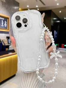 极简透明手机壳+蝴蝶结珍珠链手机壳挂绳套装，兼容 17、16、15、14、13、12、11 Pro Max、14、15、16 Plus、XS、XR、X、8、7 - 無色 - 查看 3