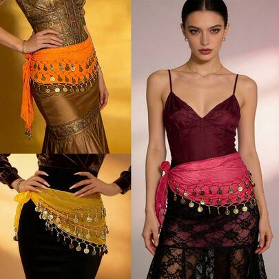 1pc Belly Dance Hip Scarf, Sweet Belly Dance Skirt With Coin Decor, Suitable For Rave, Dance, Saree, Egyptian Belly Dance Costume, Women Chiffon Belly Dance Scarf, Suitable For Yoga, Zumba, Belly Dance Hip Scarf, Belly Dance Fringe Skirt, Sequin Mini Skirt, Party Dress, Holographic Fringe Skirt - Women Denim Outfit | Beach Dress, Carnival, Party