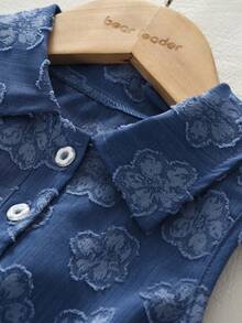 2pcs Girls' Fashion Set, Denim Effect Sleeveless Printed Lapel Top Paired With Lace Patchwork Long Pants, Casual Outfit - Blue - View 3