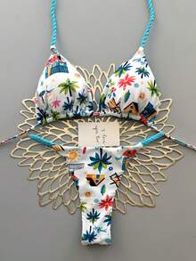2pcs Tropical Print Swimsuit, Casual Cute Elegant Sexy Bohemian Style Tie Front Bikini, Beach Holiday Outfit For Women, Spring/Summer - Multicolor - View 2