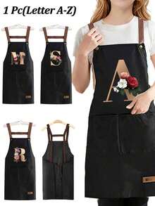 趣味可调节肩带围裙，配有实用口袋，可个性化定制花卉字母 A-Z 印花，男女通用，结实耐用的围兜式肩带，颈部和腰部系带均可调节，大口袋设计，可水洗，防污耐用，适用于厨房、美发师、园丁、厨师、专业美容学校等场合。 - A - 查看 1