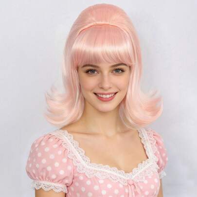 Pink Blonde Green Silver-Gray Beehive Wig With Bangs For Women, 60s Retro Vintage Style Short Curly Flip Wig, Heat Resistant Synthetic Hair Bob Wig For Cosplay, Holiday, Costume Party, Daily Wear & Fashion Streetwear - Natural Looking, Soft Touch, Easy To Style & Comfortable Cap Design