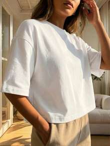 Blusa de mujer de corte holgado, cuello redondo, manga corta, casual, adecuada para primavera y verano, con estilo minimalista, elegante y sexy Y2K, apta para uso diario, oficina, hogar y exteriores - Blanco - Ver 3