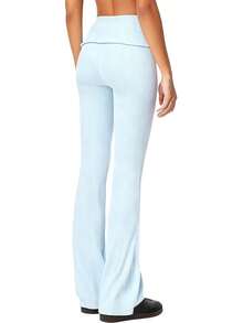 Women's Flared Pants Stylish Solid Color Ribbed Fold-down Waist Design Casual Slim Fit Bell Bottoms - Celeste - Ver 6