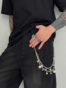 1pc Retro Geometric Faux Pearl Wrapped Double-Layer Cross Chain, Charming Jewelry Waist Chain, Gothic Punk High-End, Casual Minimalist, Street Snap, Rock Hip-Hop, Party, Daily Couples Versatile Fashion Men Necklace Gift - Pants Chain - View 4