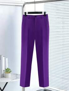 Women's Spring & Autumn Casual Commuter High-Quality Striped Contrast Color Splice Cuffed 3/4 Sleeve Blazer And Straight Leg Pants Suit - Purple - View 5