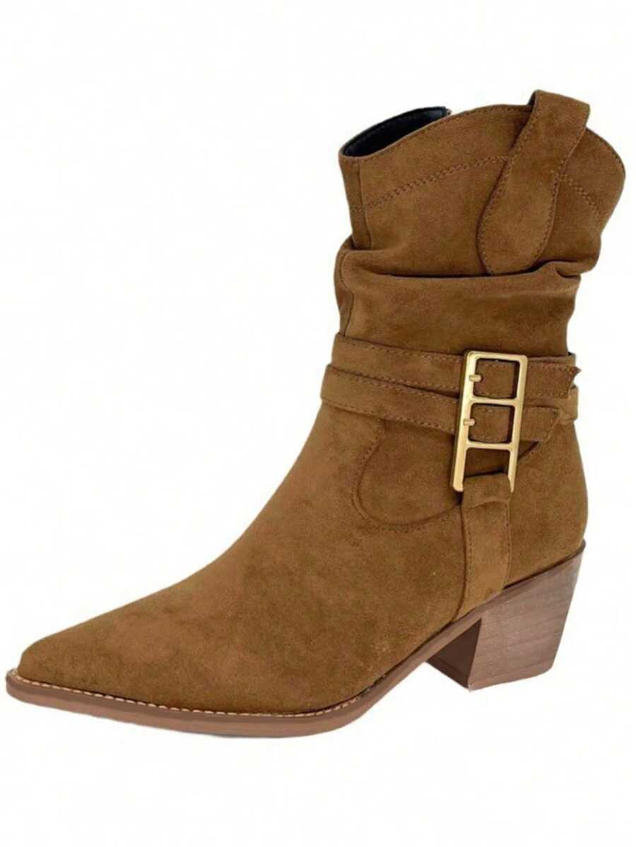 Botas de tobillo con tacón grueso y punta puntiaguda, estilo coreano para primavera/otoño 2025. Botas vaqueras occidentales vintage de ante plisado y holgadas para mujer - Marrón - Ver 1