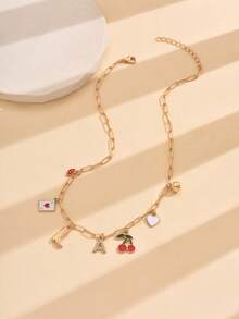 1pc Fashionable Zinc Alloy Gold Boots & Cherry Poker Alphabet 26 Pendant Necklace For Women - Multicolor - View 3