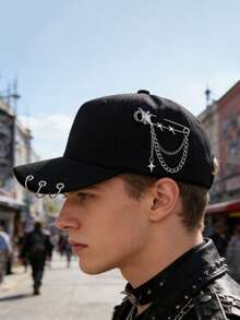 朋克风金属链条别针棒球帽，街头酷炫黑色后扣帽 - 黑色 - 查看 12